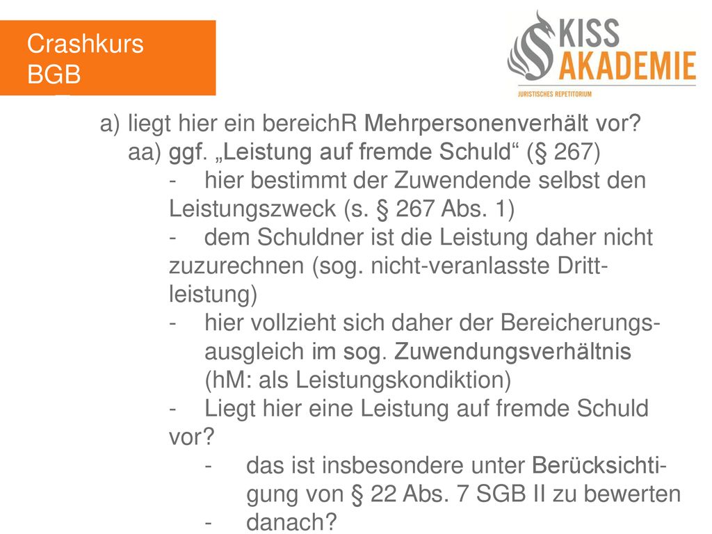 Crashkurs BGB 3. Tag. a) liegt hier ein bereichR Mehrpersonenverhält vor aa) ggf. „Leistung auf fremde Schuld (§ 267)