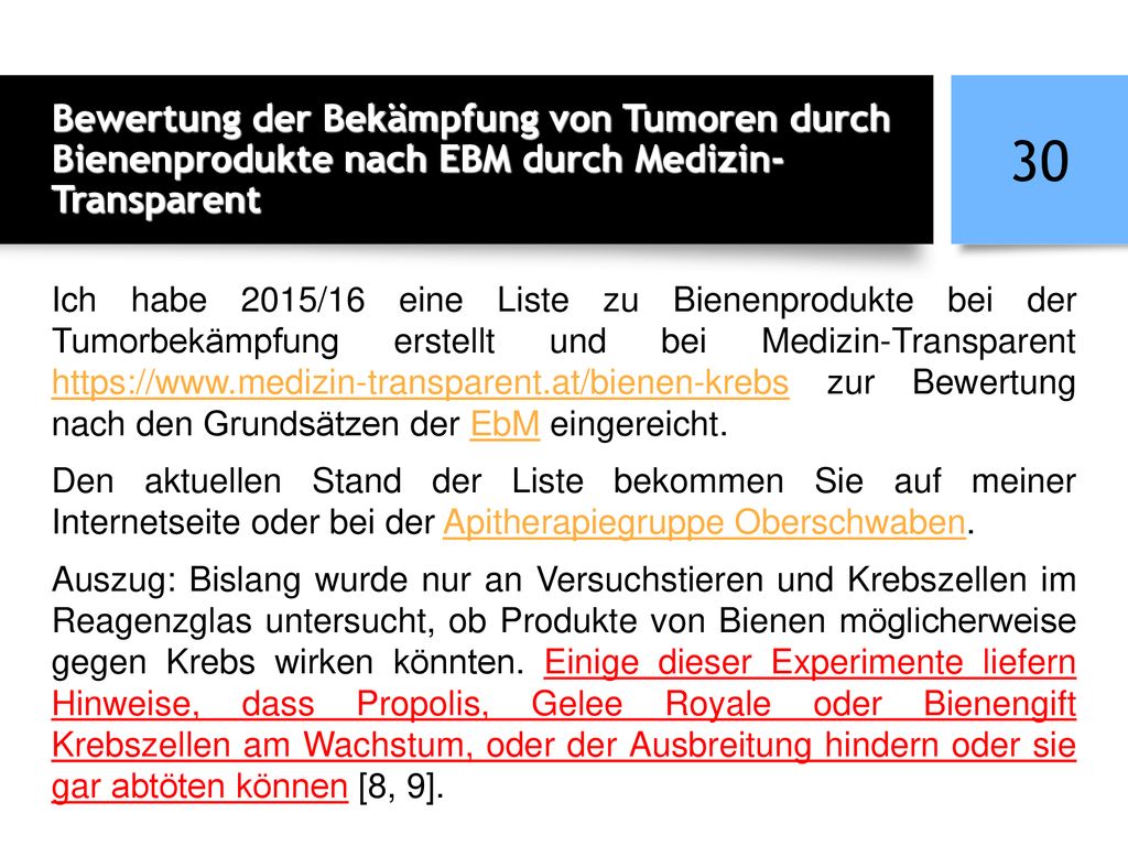 Bewertung der Bekämpfung von Tumoren durch Bienenprodukte nach EBM durch Medizin-Transparent
