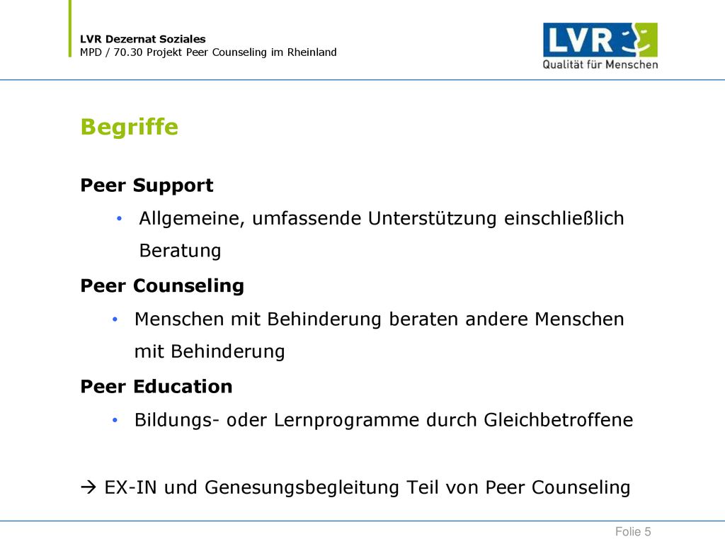Begriffe Peer Support. Allgemeine, umfassende Unterstützung einschließlich Beratung. Peer Counseling.