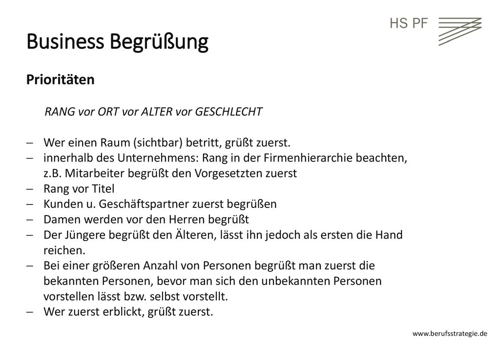 Business Begrüßung Prioritäten RANG vor ORT vor ALTER vor GESCHLECHT