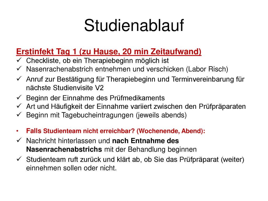 Studienablauf Erstinfekt Tag 1 (zu Hause, 20 min Zeitaufwand)