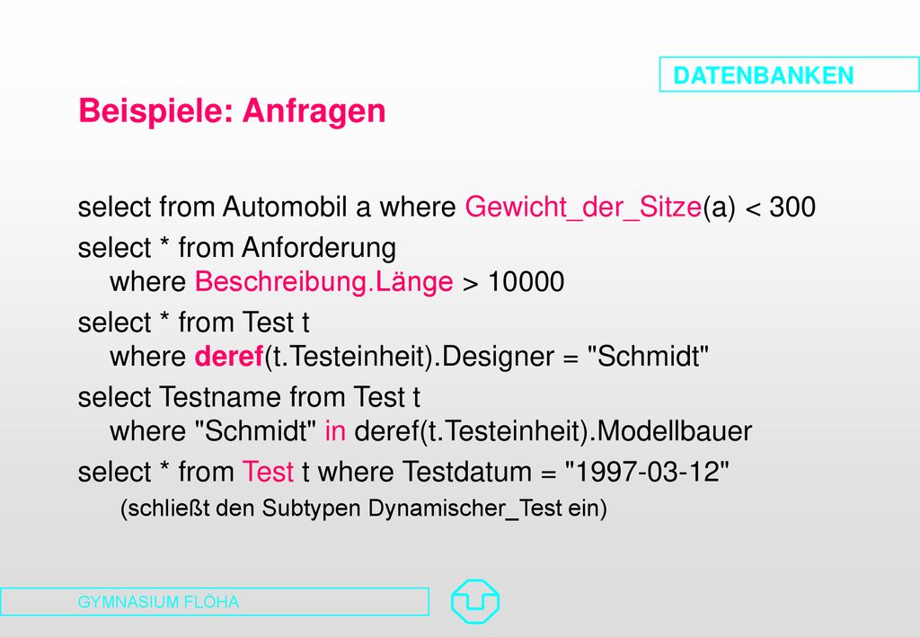 Beispiele: Anfragen select from Automobil a where Gewicht_der_Sitze(a) < 300. select * from Anforderung where Beschreibung.Länge >