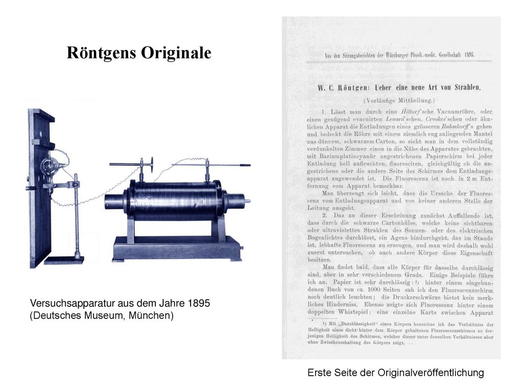 Röntgens Originale Versuchsapparatur aus dem Jahre 1895 (Deutsches Museum, München) Erste Seite der Originalveröffentlichung.