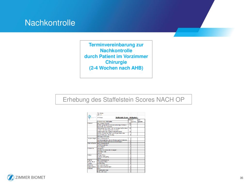 Nachkontrolle Erhebung des Staffelstein Scores NACH OP