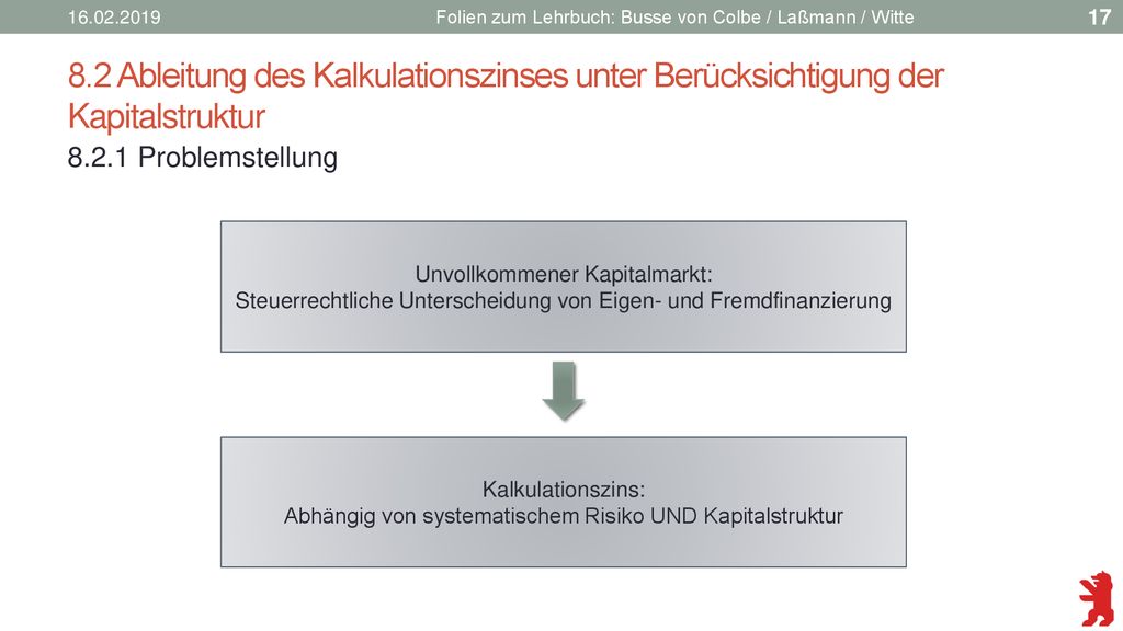 Folien zum Lehrbuch: Busse von Colbe / Laßmann / Witte. 8.2 Ableitung des Kalkulationszinses unter Berücksichtigung der Kapitalstruktur.