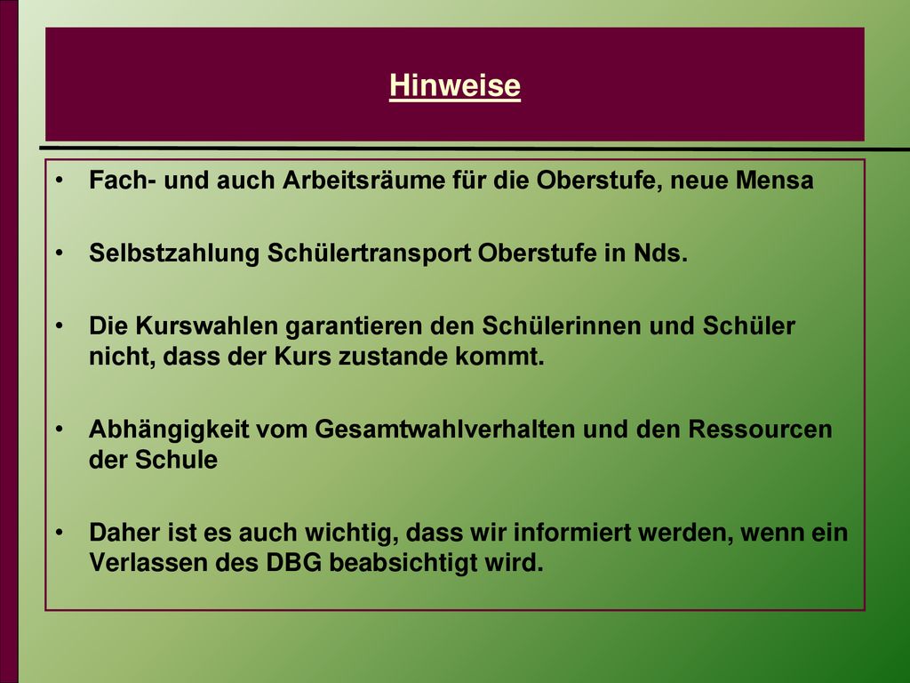 Hinweise Fach- und auch Arbeitsräume für die Oberstufe, neue Mensa