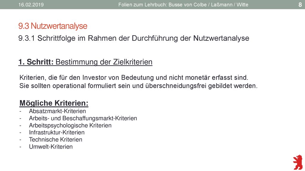Folien zum Lehrbuch: Busse von Colbe / Laßmann / Witte. 9.3 Nutzwertanalyse.