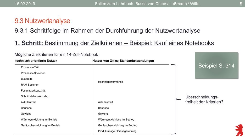 Folien zum Lehrbuch: Busse von Colbe / Laßmann / Witte. 9.3 Nutzwertanalyse.