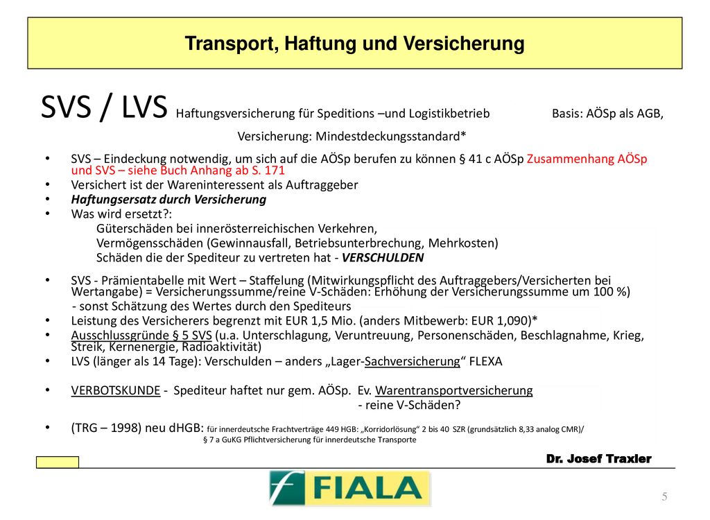 SVS / LVS Haftungsversicherung für Speditions –und Logistikbetrieb Basis: AÖSp als AGB, Versicherung: Mindestdeckungsstandard*