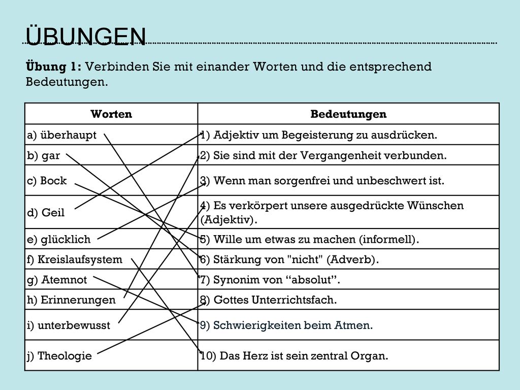 Übungen Übung 1: Verbinden Sie mit einander Worten und die entsprechend Bedeutungen. Worten. Bedeutungen.