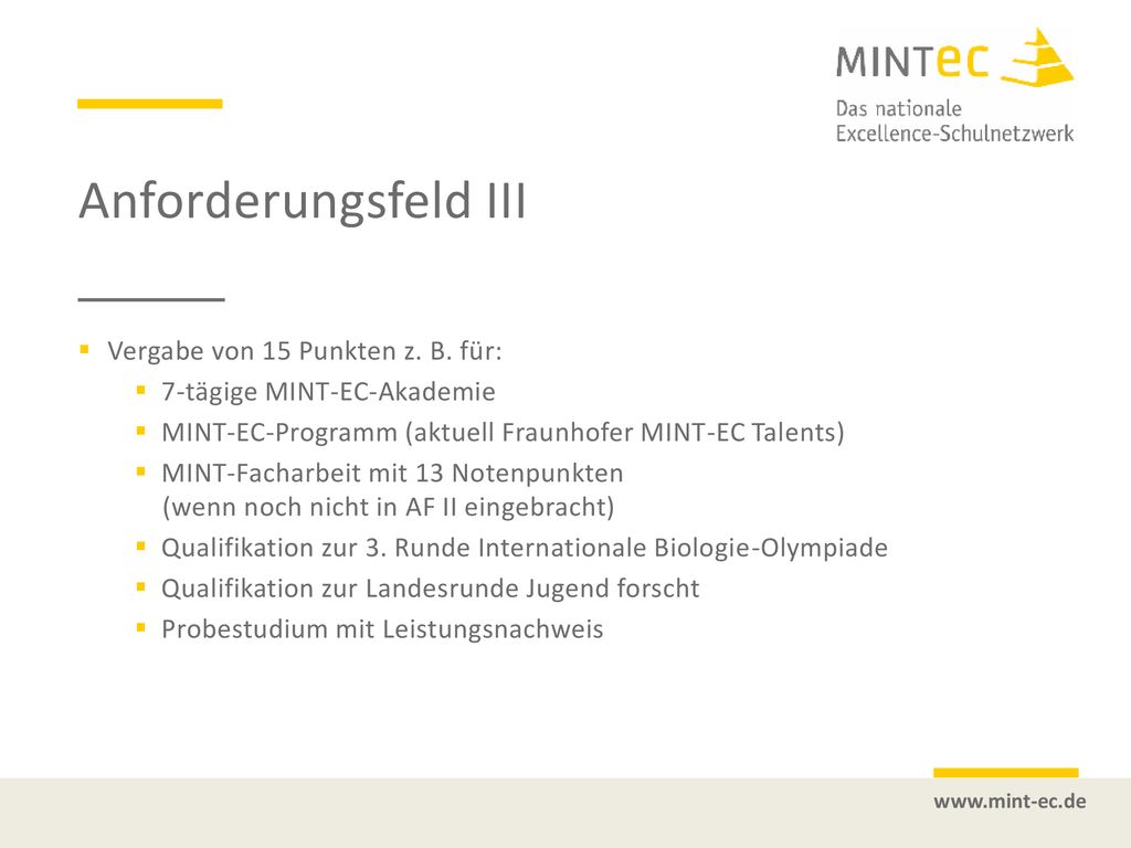 Anforderungsfeld III Vergabe von 15 Punkten z. B. für: