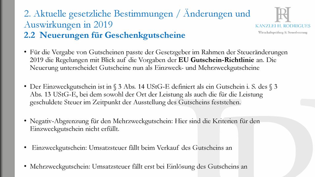 2. Aktuelle gesetzliche Bestimmungen / Änderungen und Auswirkungen in Neuerungen für Geschenkgutscheine