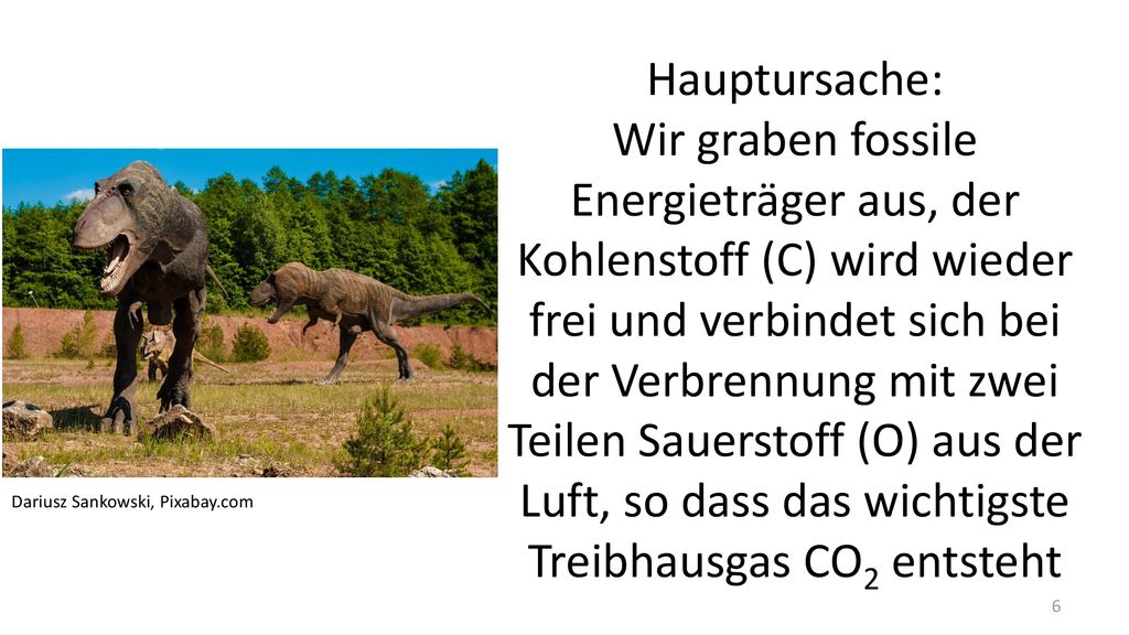 Hauptursache: Wir graben fossile Energieträger aus, der Kohlenstoff (C) wird wieder frei und verbindet sich bei der Verbrennung mit zwei Teilen Sauerstoff (O) aus der Luft, so dass das wichtigste Treibhausgas CO2 entsteht