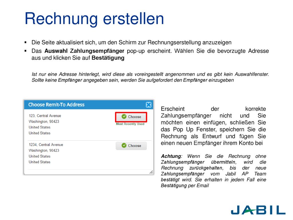Rechnung erstellen Die Seite aktualisiert sich, um den Schirm zur Rechnungserstellung anzuzeigen.