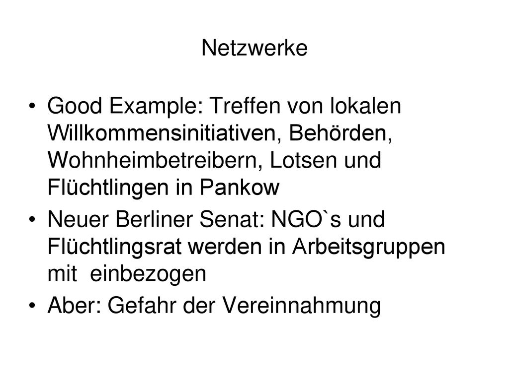 Netzwerke Good Example: Treffen von lokalen Willkommensinitiativen, Behörden, Wohnheimbetreibern, Lotsen und Flüchtlingen in Pankow.