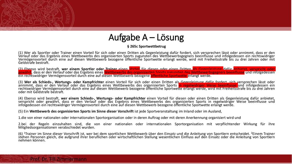 Aufgabe A – Lösung Prof. Dr. Till Zimmermann § 265c Sportwettbetrug