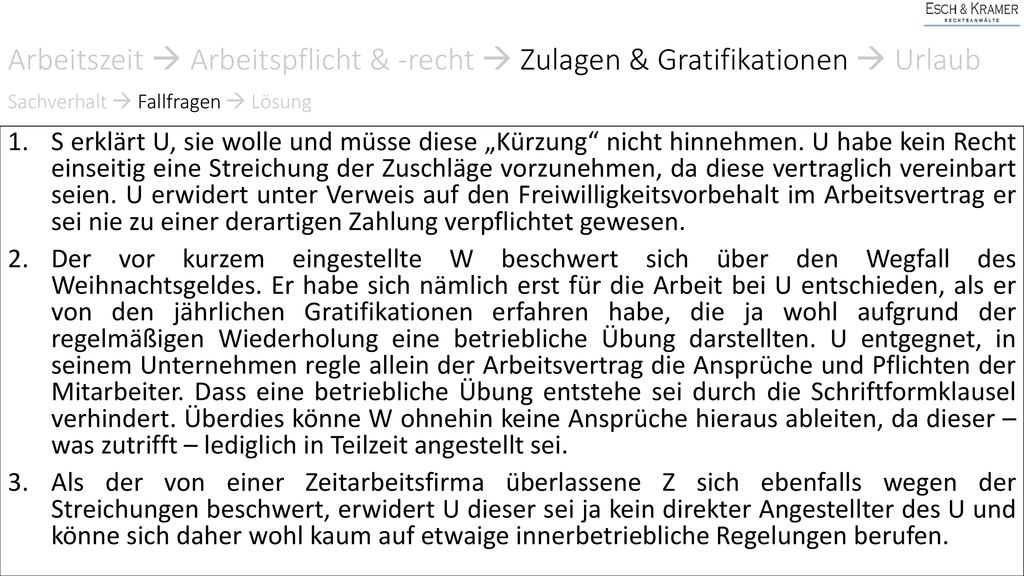 Arbeitszeit  Arbeitspflicht & -recht  Zulagen & Gratifikationen  Urlaub