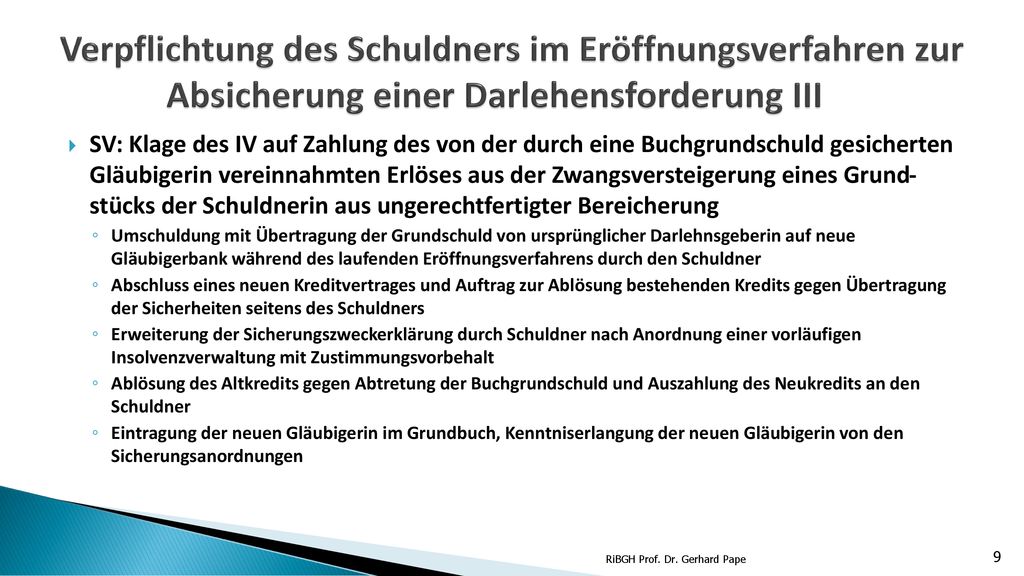 Verpflichtung des Schuldners im Eröffnungsverfahren zur Absicherung einer Darlehensforderung III
