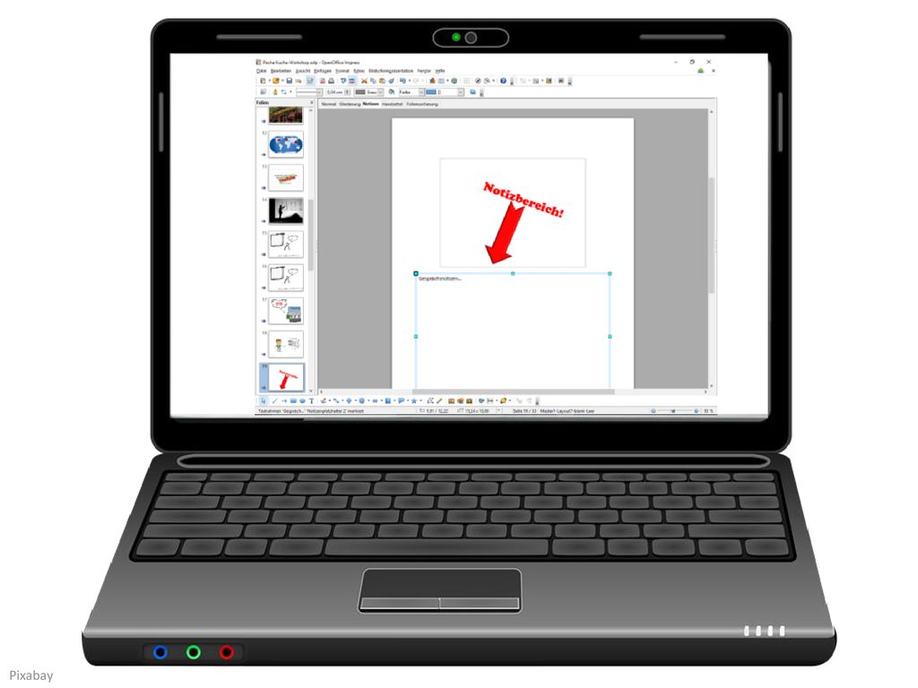 Ich erwarte, dass ihr den Notizbereich von PowerPoint nutzt – den gibt es auch in jedem anderen Programm – um euren Sprechertext einzutragen. Das hat mehrere Gründe. Erstens kann man durch einfaches Vorlesen leicht sehen, ob man das tatsächlich alles in 20 Sekunden unterbringt.