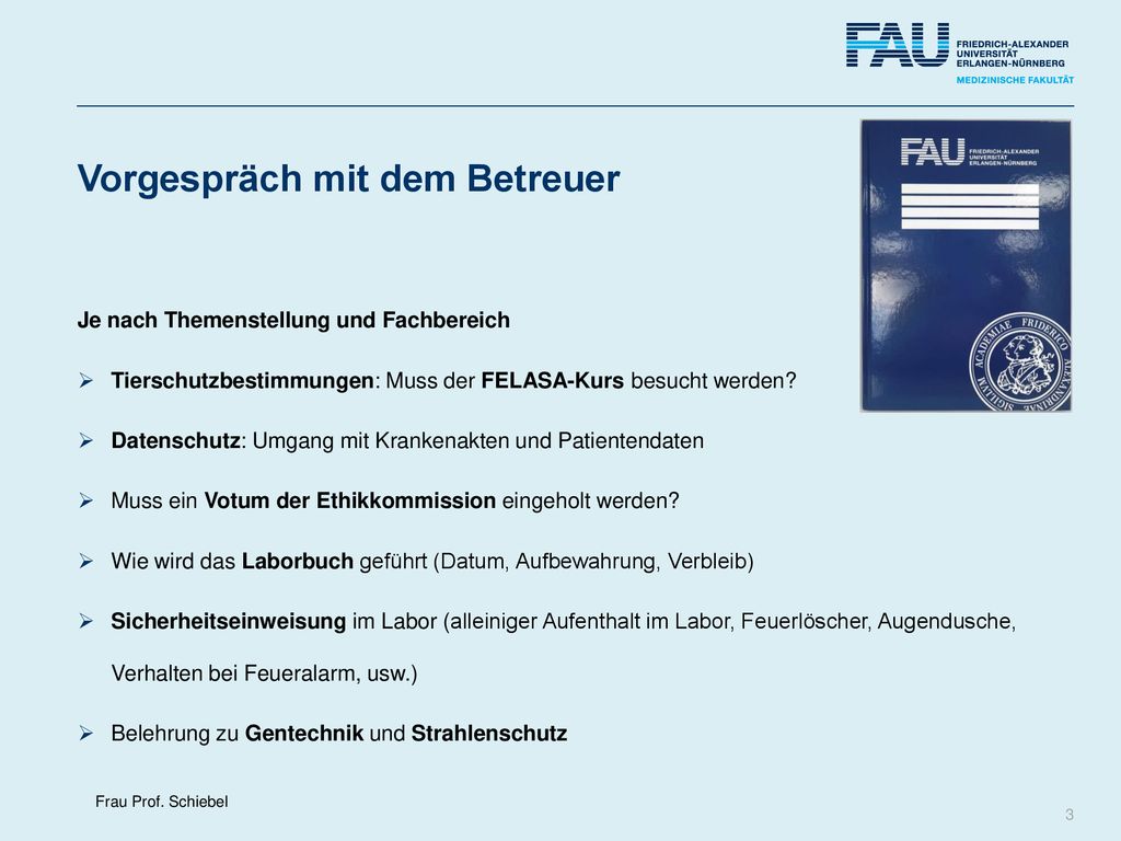 Vorgespräch mit dem Betreuer Je nach Themenstellung und Fachbereich