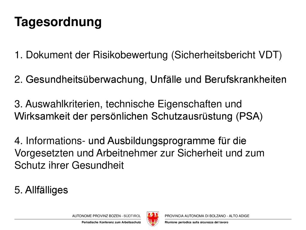 Tagesordnung Dokument der Risikobewertung (Sicherheitsbericht VDT)