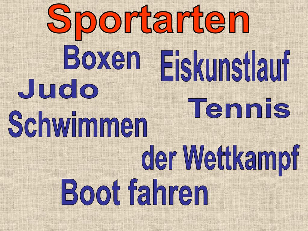 Sportarten Boxen Eiskunstlauf Judo Tennis Schwimmen der Wettkampf Boot fahren