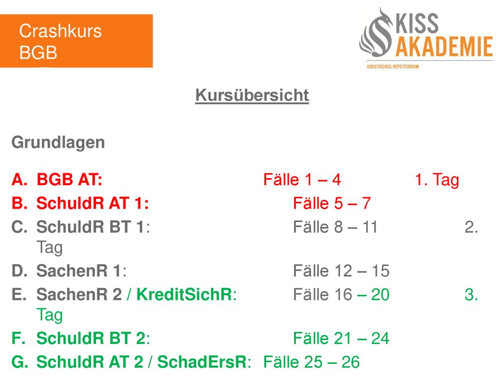 Crashkurs BGB 1. Tag Kursübersicht Grundlagen