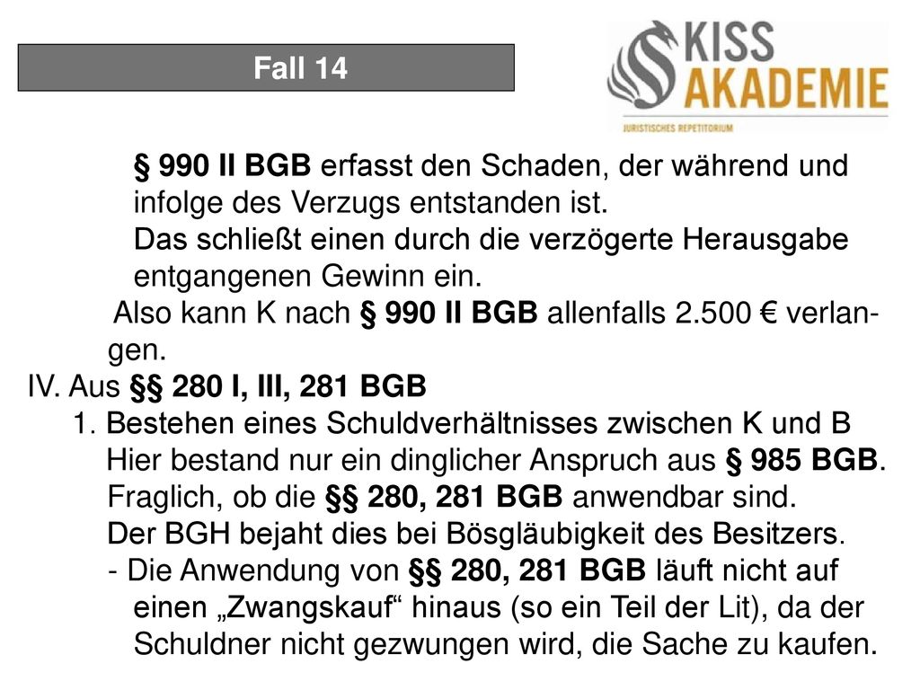 Fall 14 § 990 II BGB erfasst den Schaden, der während und infolge des Verzugs entstanden ist.