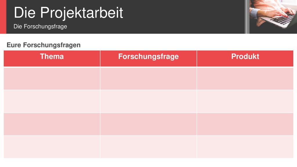 Die Projektarbeit Thema Forschungsfrage Produkt Eure Forschungsfragen