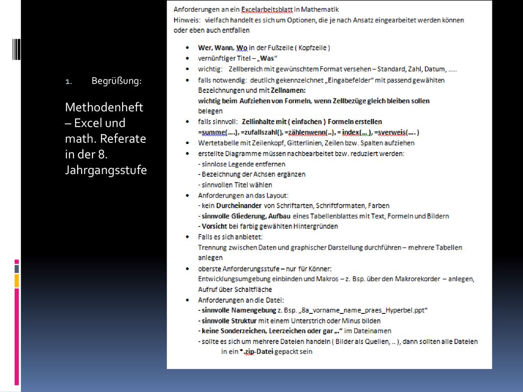 Methodenheft – Excel und math. Referate in der 8. Jahrgangsstufe