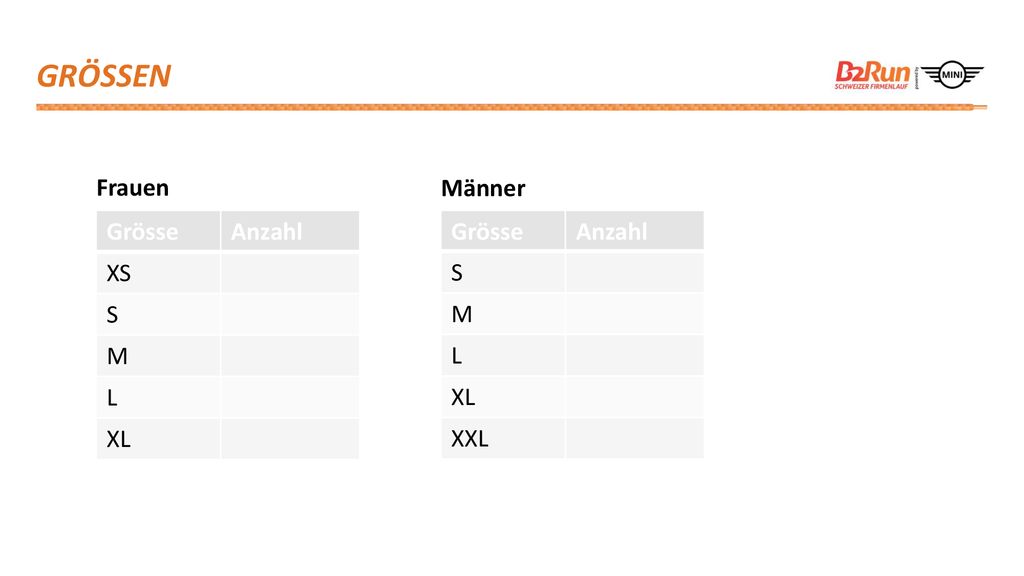grössen Frauen Männer Grösse Anzahl XS S M L XL Grösse Anzahl S M L XL