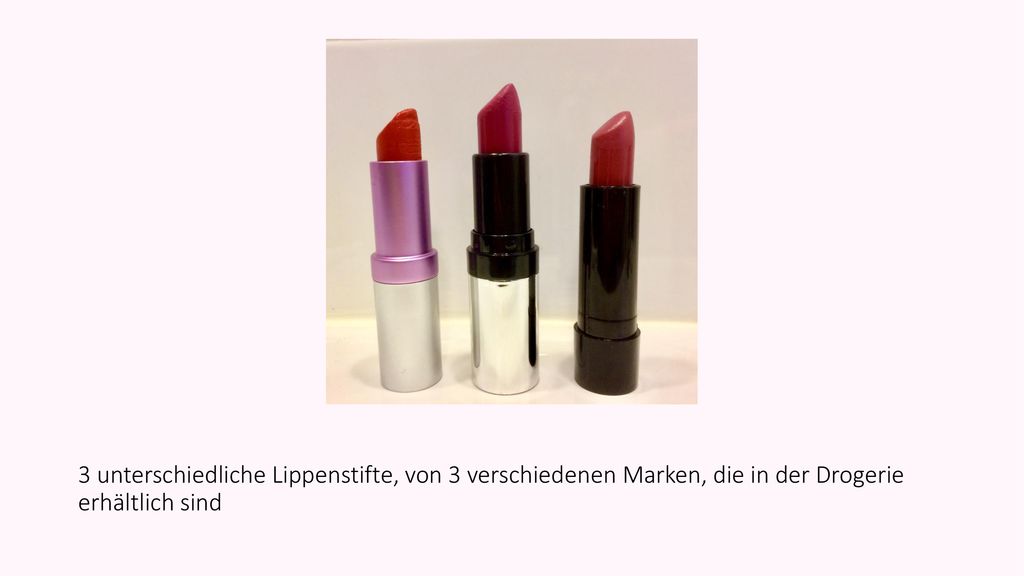 3 unterschiedliche Lippenstifte, von 3 verschiedenen Marken, die in der Drogerie erhältlich sind