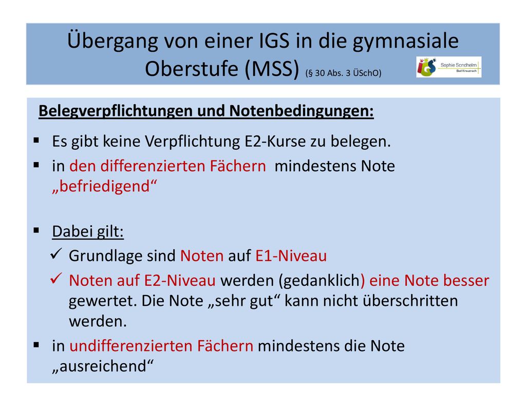 Übergang von einer IGS in die gymnasiale Oberstufe (MSS) (§ 30 Abs