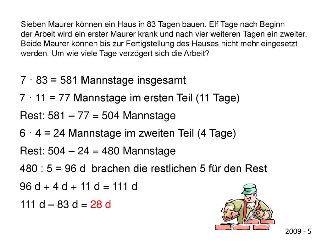 7 · 83 = 581 Mannstage insgesamt
