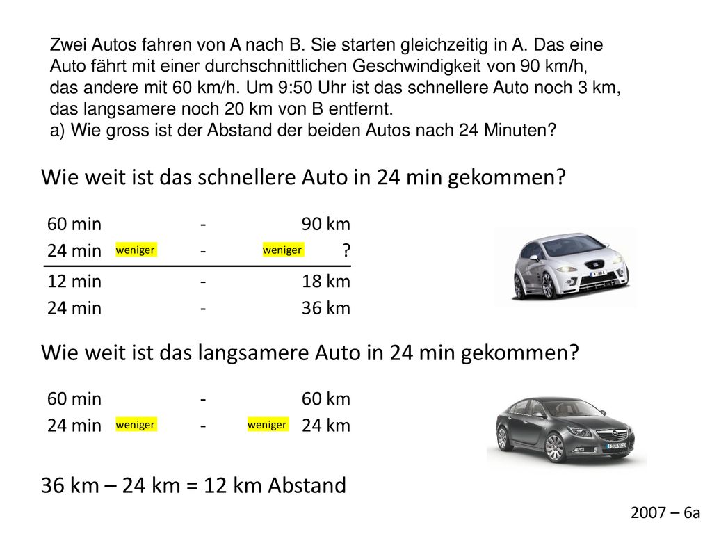 Wie weit ist das schnellere Auto in 24 min gekommen