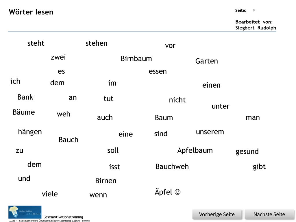 Wörter lesen steht stehen vor zwei Birnbaum Garten es essen ich dem im