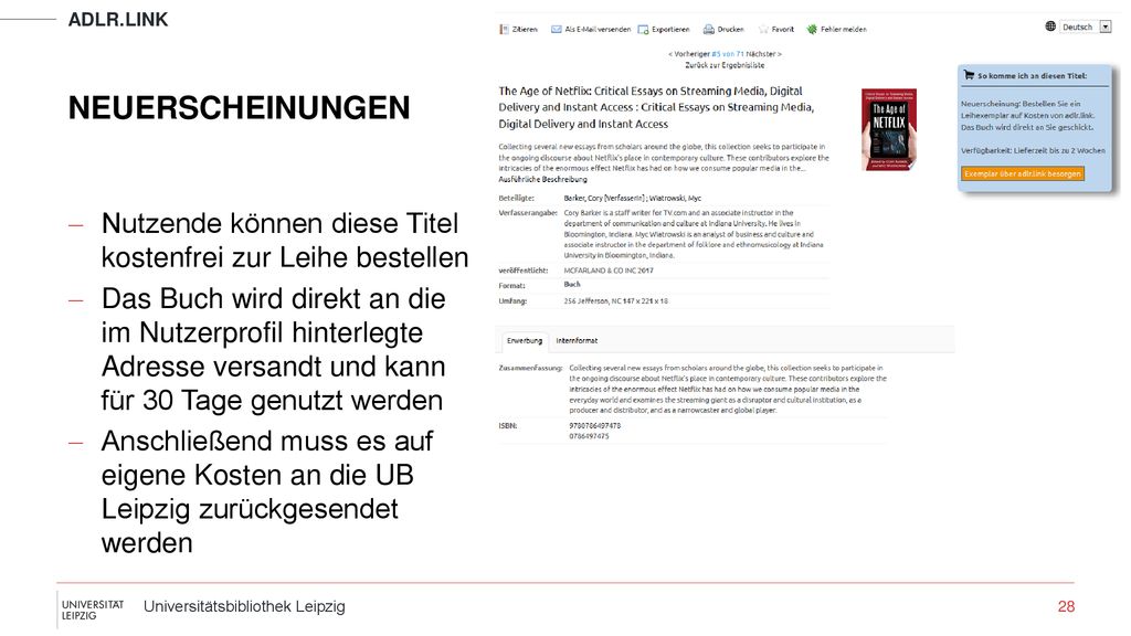 Adlr.link Neuerscheinungen. Nutzende können diese Titel kostenfrei zur Leihe bestellen.