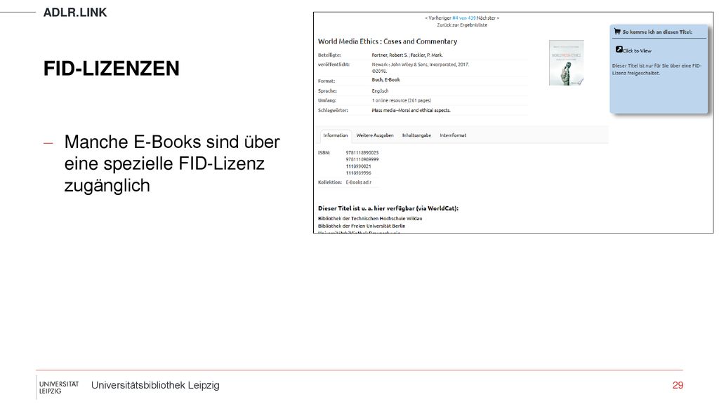 Adlr.link FID-Lizenzen. Manche E-Books sind über eine spezielle FID-Lizenz zugänglich.