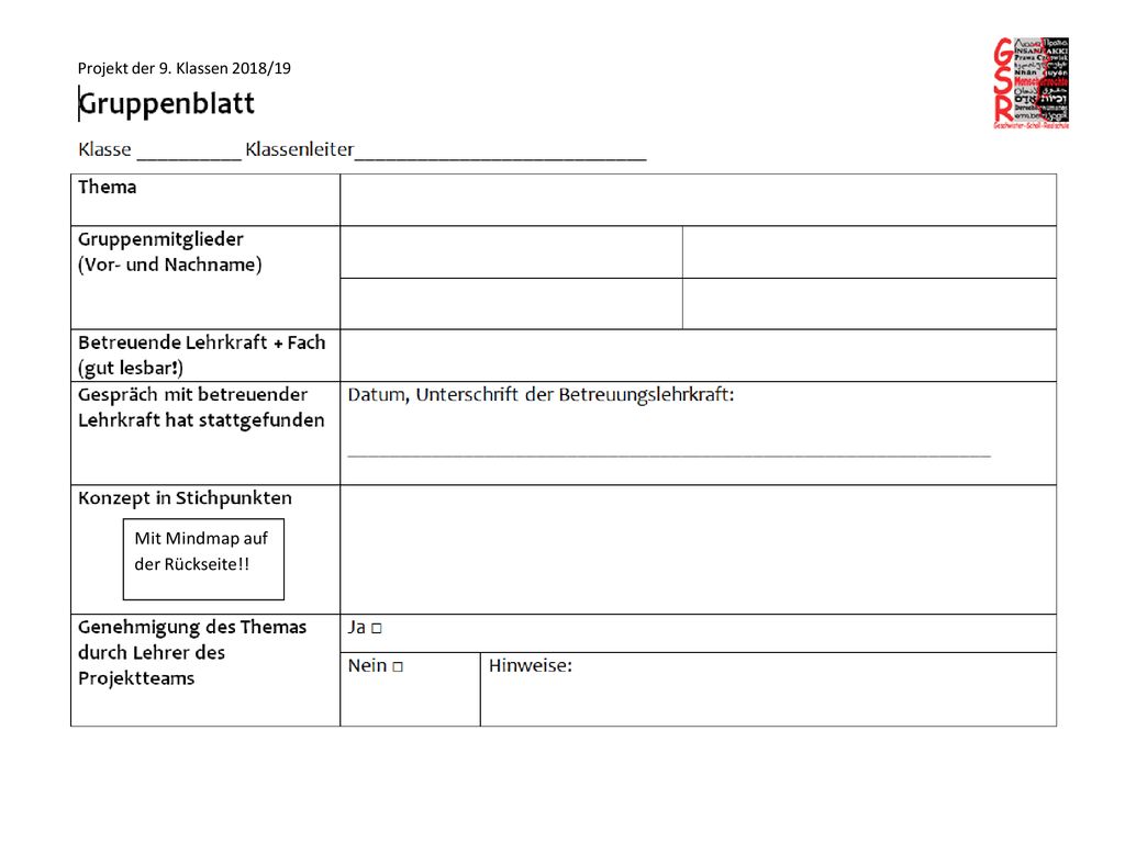 Projekt der 9. Klassen 2018/19 Mit Mindmap auf der Rückseite!!