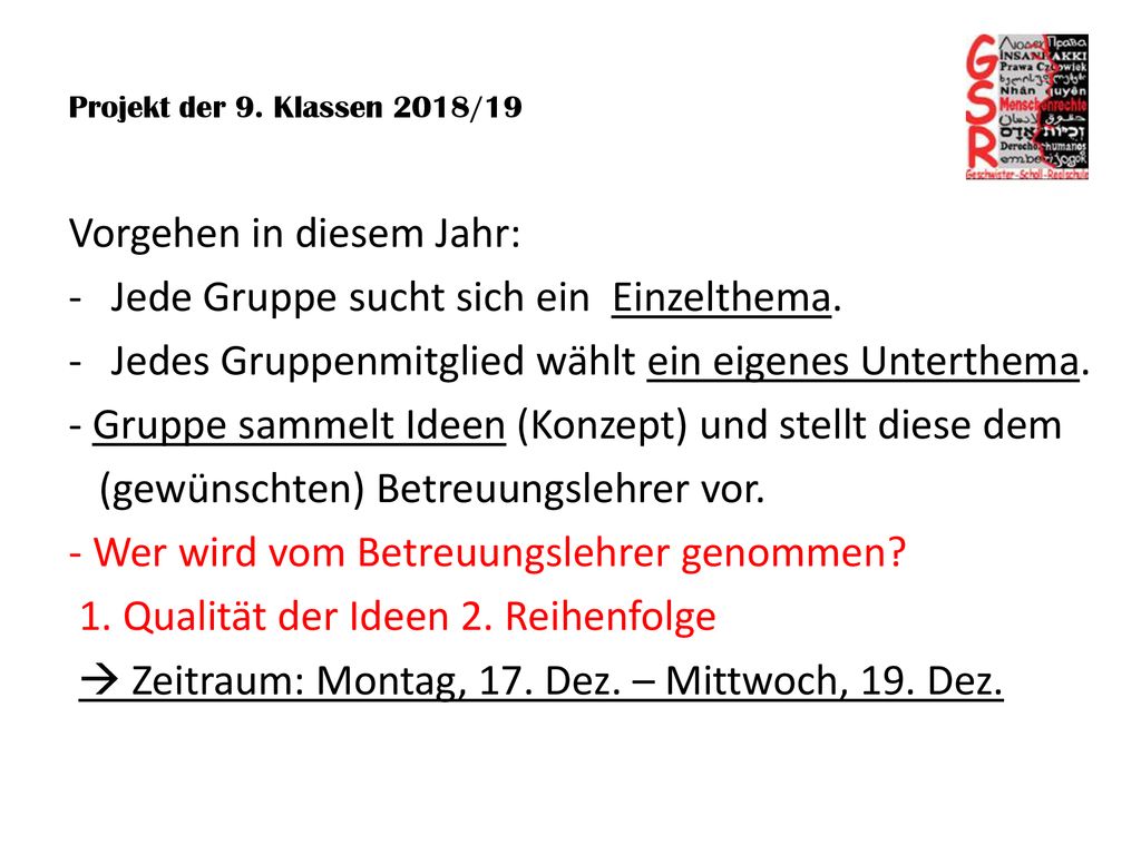 Vorgehen in diesem Jahr: Jede Gruppe sucht sich ein Einzelthema.