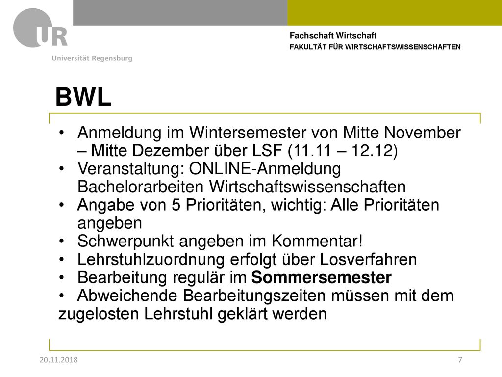 BWL Anmeldung im Wintersemester von Mitte November – Mitte Dezember über LSF (11.11 – 12.12)