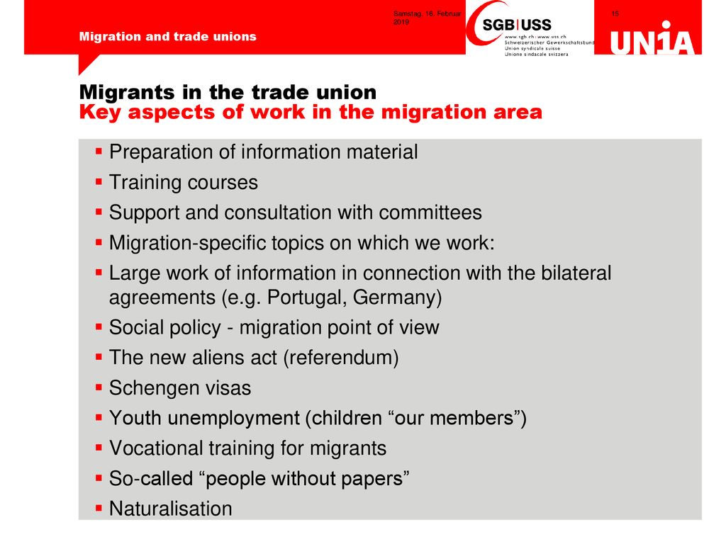 Migrants in the trade union Key aspects of work in the migration area