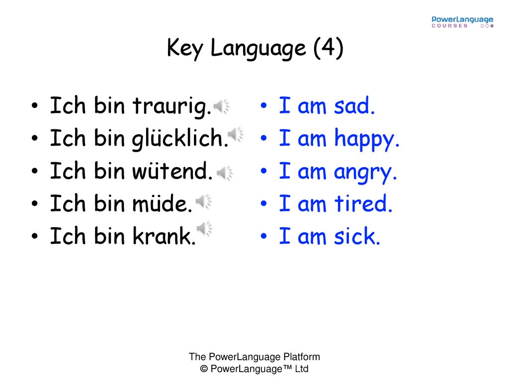Key Language (4) Ich bin traurig. Ich bin glücklich. Ich bin wütend. Ich bin müde. Ich bin krank.