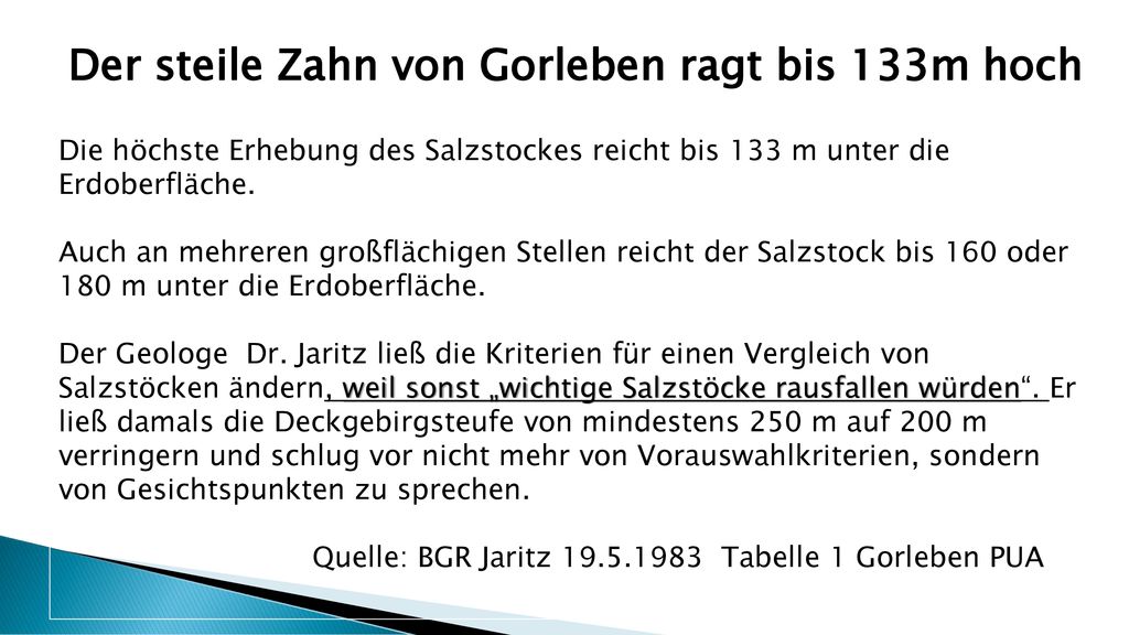 Der steile Zahn von Gorleben ragt bis 133m hoch
