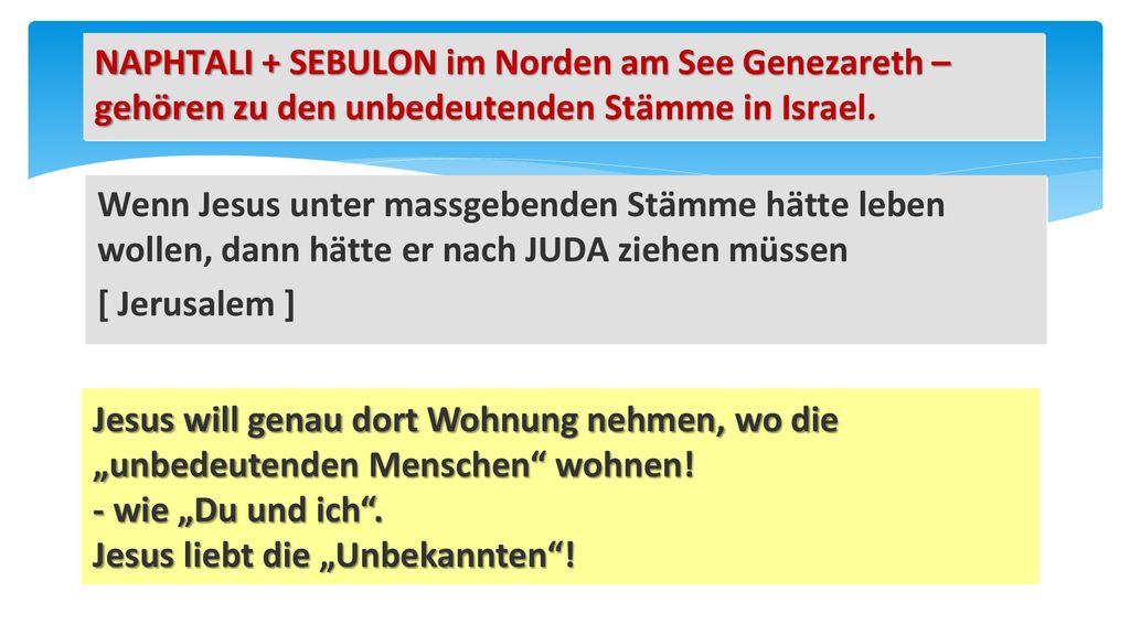 NAPHTALI + SEBULON im Norden am See Genezareth – gehören zu den unbedeutenden Stämme in Israel.