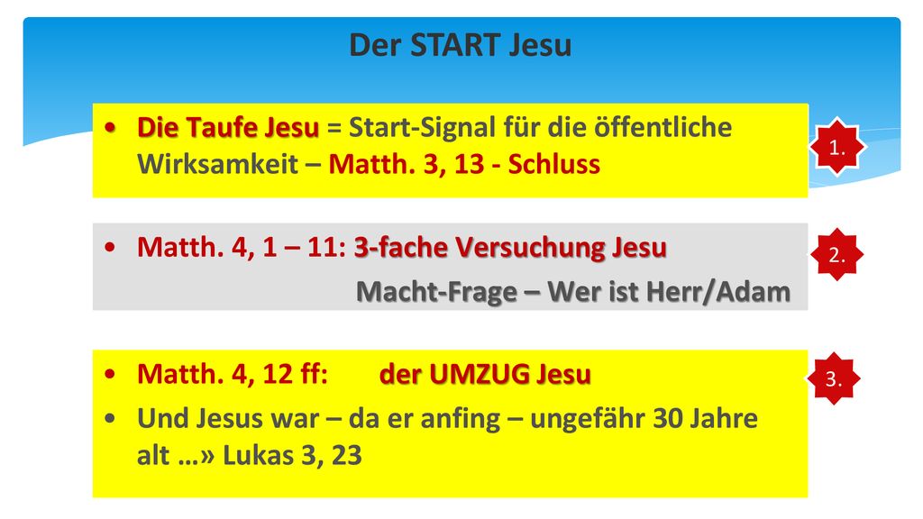 Der START Jesu Die Taufe Jesu = Start-Signal für die öffentliche Wirksamkeit – Matth. 3, 13 - Schluss.