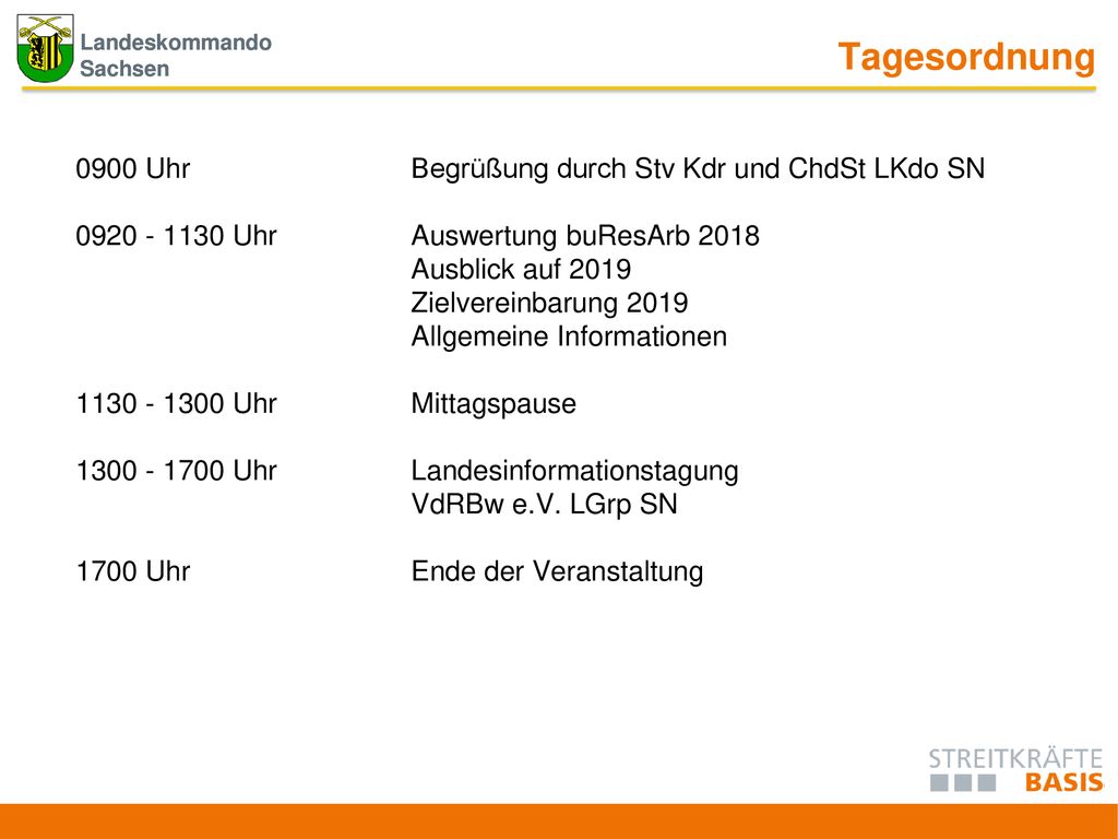 Tagesordnung 0900 Uhr Begrüßung durch Stv Kdr und ChdSt LKdo SN