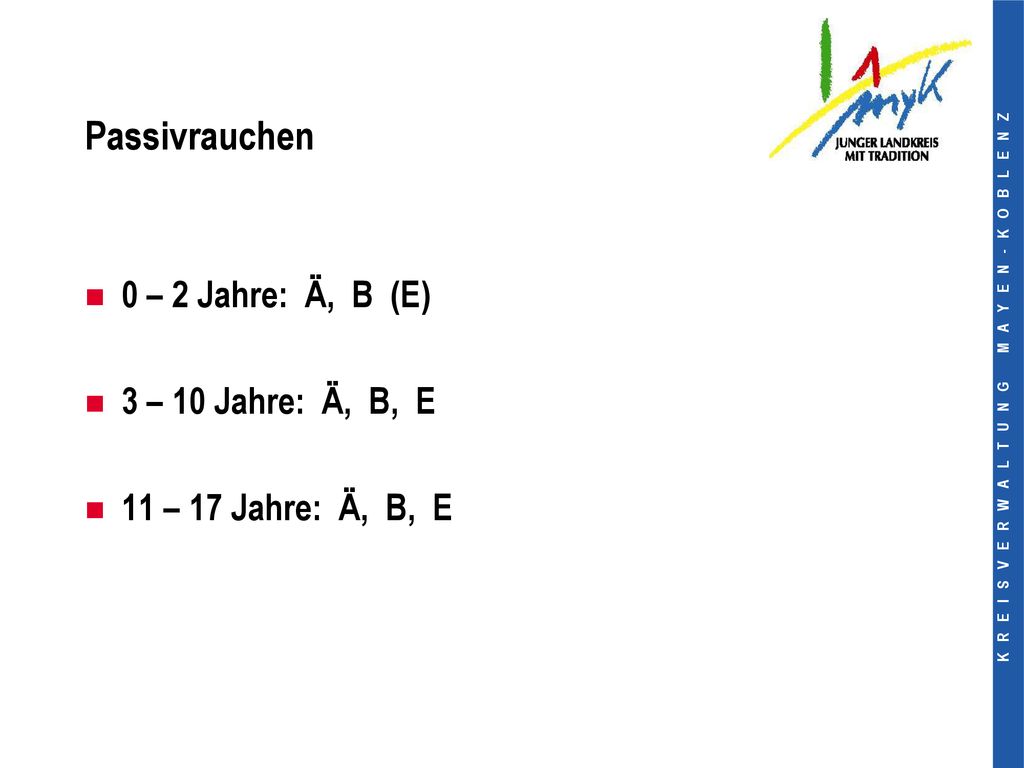 Passivrauchen 0 – 2 Jahre: Ä, B (E) 3 – 10 Jahre: Ä, B, E