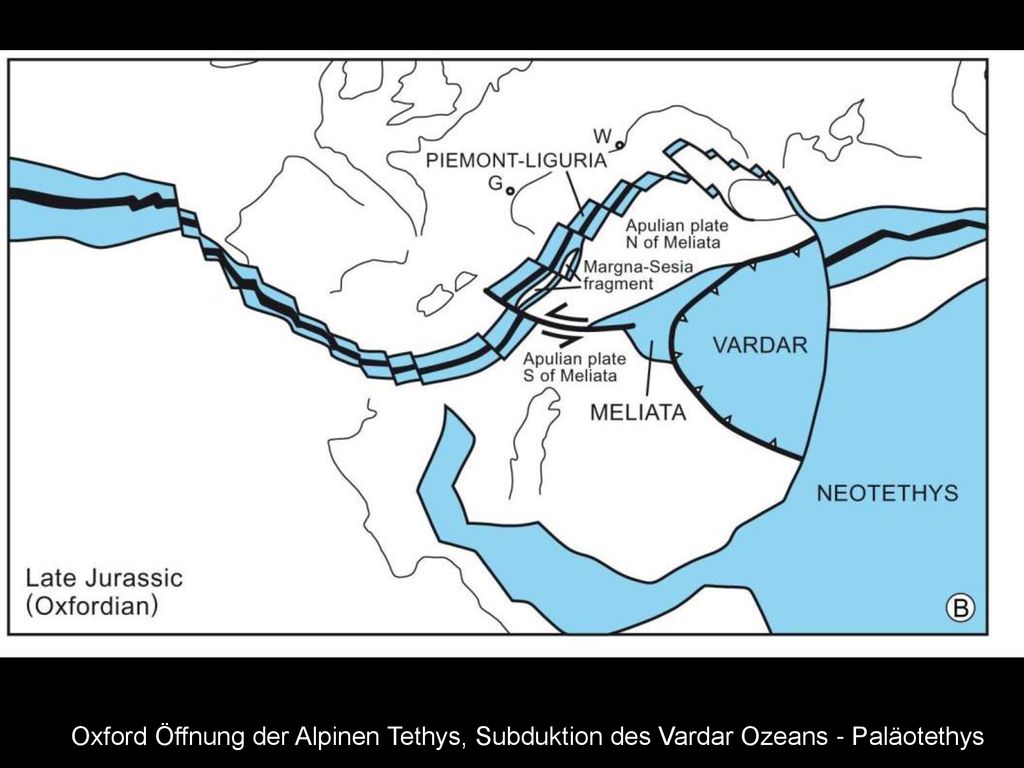 Oxford Öffnung der Alpinen Tethys, Subduktion des Vardar Ozeans - Paläotethys