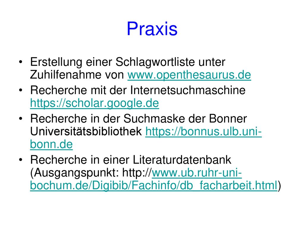 Praxis Erstellung einer Schlagwortliste unter Zuhilfenahme von